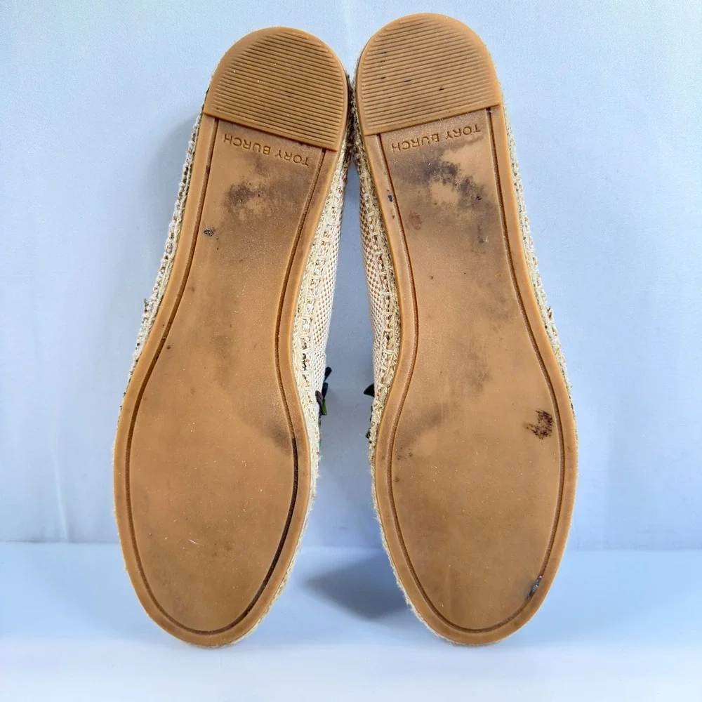 Tory Burch Fruit Espadrille Shoes 7.5* Tan Multi Leather Applique Beaded 82821